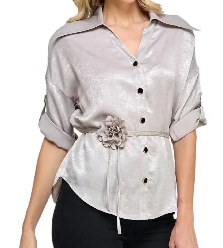 Liz Button-Down Blouse With Rosette Sash In Silver