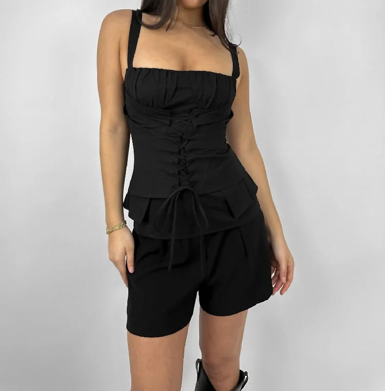 Double Layer Lace Up Corset Tank In Black