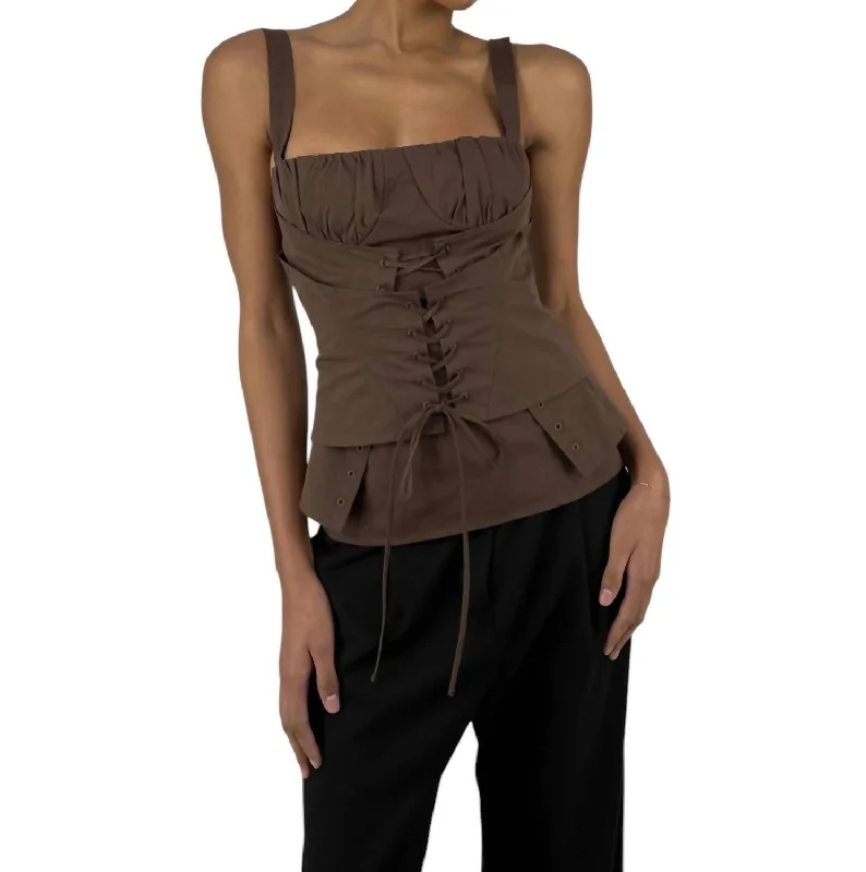 Double Layer Lace Up Corset Tank In Brown